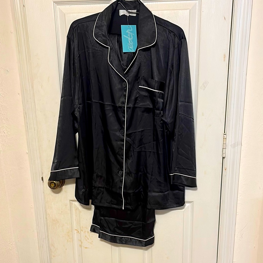 Alexander Del Rossa Silk-Feel Black -Women's Pajama Set with White Piping Sz XL